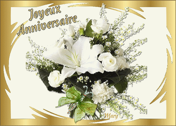 Joyeux Anniversaire Bouquet De Roses Blanches Fleurs Image Animated Gif